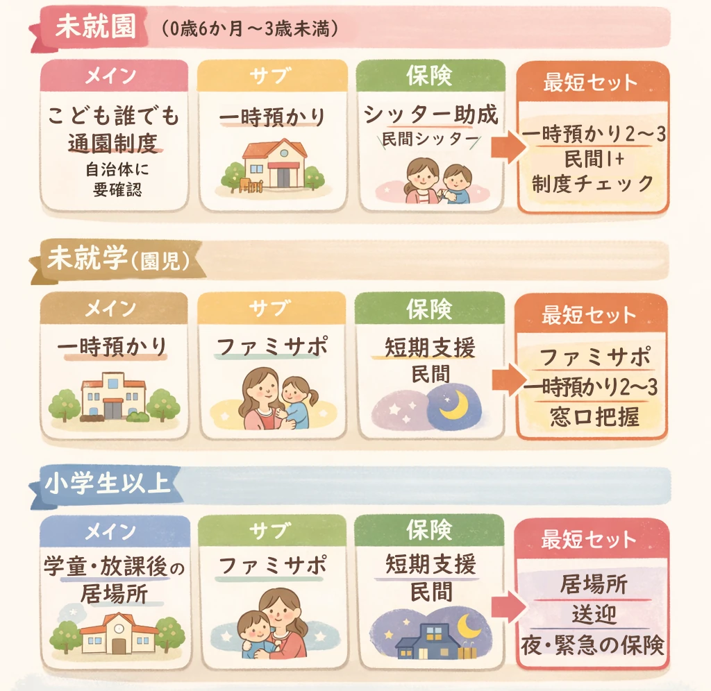 預け先の複線化|年齢別「最短セット」3本の図解